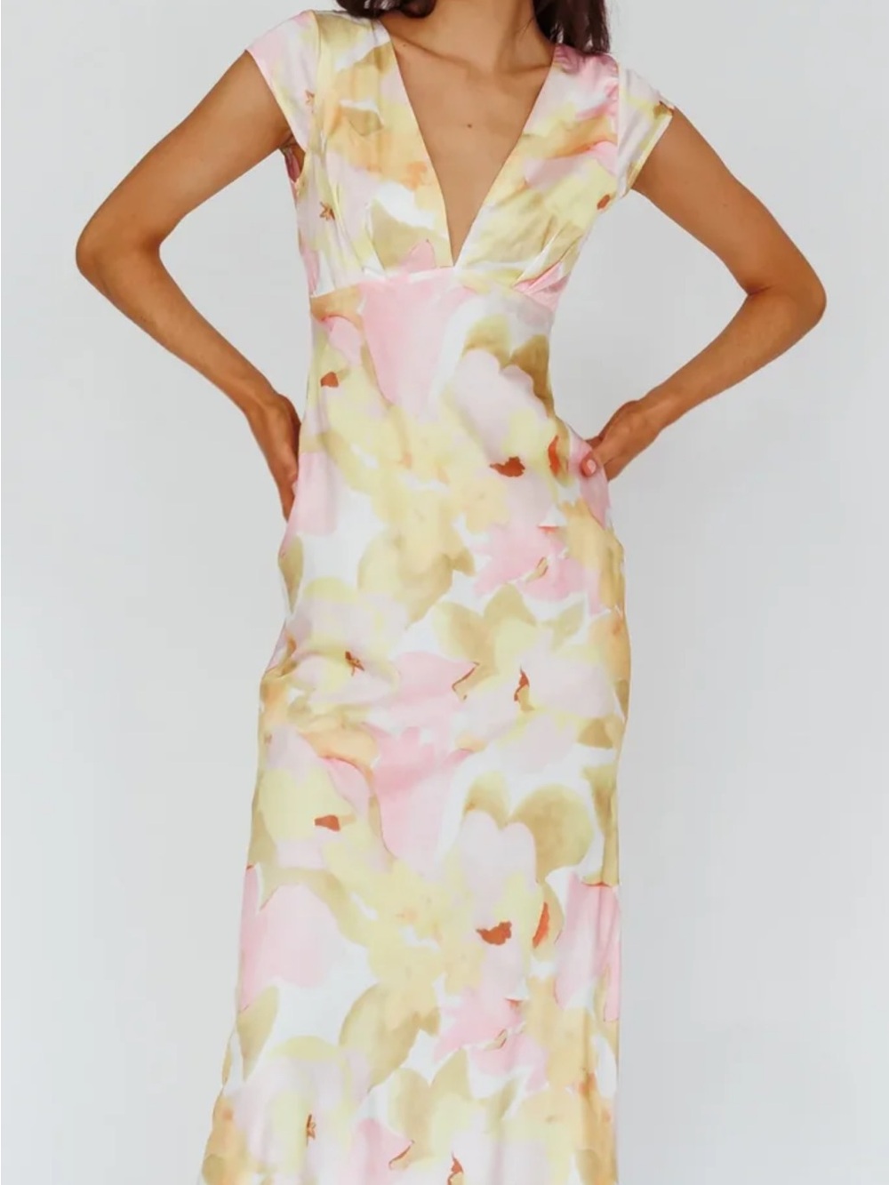 Watercolor V-Neck Maxi Dress in Pink & Cream